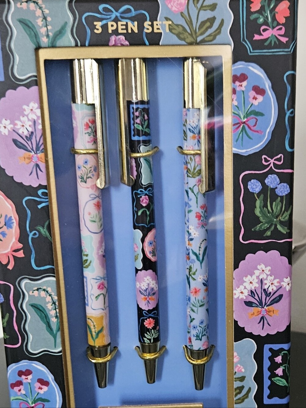 3-Pen Set in Floral Pastel Pink, Black & Light Blue, NWT - GIFTABLE